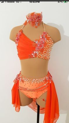 Orange Lyrical Dance Costumes, Dance Costumes Orange, Custom Jazz Costume, Orange Dance Costume, Jazz Solo Costumes, Dance Competition Outfits, Dance Costumes Jazz, Majorette Dance Uniforms, Red Dance Costumes