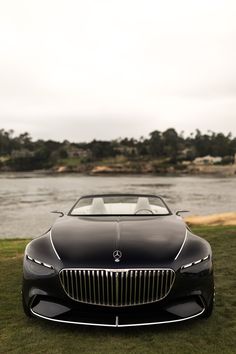 a black car parked on top of a lush green field next to a body of water