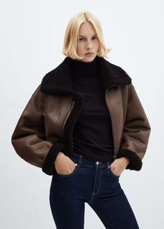 Short double-sided jacket - Women | Mango USA Mango Shorts, Ladies Short Jackets, Leather Jacket Outfits, Brown Leather Jacket, Designer Shorts, Fall Jackets, Shearling Jacket, Short Jacket, Autumn Fashion Women