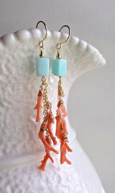 Peach Aqua Dangle Earrings Blue Peruvian Opal Dangle Pink | Etsy Bohemian Coral Dangle Earrings, Coral Dangle Jewelry For Gifts, Coral Jewelry Gift With Ear Wire, Coral Jewelry With Ear Wire For Gift, Gift Coral Jewelry With Matching Earrings, Handmade Vintage Long Drop Jewelry, Handmade Coral Sterling Silver Jewelry, Unique Long Drop Jewelry For Gifts, Coral Dangle Earrings