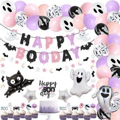 a birthday party with balloons, cupcakes and decorations for a boo happy birthday