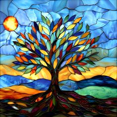 a stained glass window with a tree in the middle