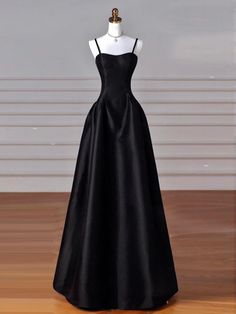 Spaghetti Straps Floor Length Black Satin Formal Occasion English Prom Dresses, Black A-line Evening Dress With Fitted Bodice, Fitted A-line Gown For Banquet, Black A-line Evening Gown, Black A-line Gown For Formal Occasions, Elegant Black A-line Gown, Formal Dress With Customizable Length And Fitted Bodice, Black Satin Dress For Banquet, Fitted A-line Gown For Banquets