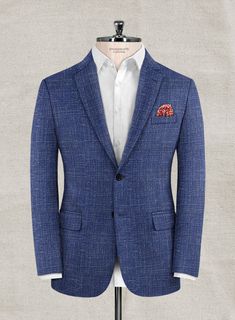 Introduce your styling rotation with some courageous refinement like our Italian Murano Cobalt Blue Wool suit. Crafted from wool linen silk blend, the naturally breathable suit features a decent texture along with the cobalt blue hue that makes for an outstanding menswear piece needed in every gent’s closet. 
 
 Look features a 2 button jacket with notch lapels, real horn royal buttons, single vent, three cuff buttons and two welted back pockets on trousers. 
 You can change the look during cust Blue Linen Single Breasted Sport Coat, Blue Linen Single-breasted Sport Coat, Blue Linen Suit For Workwear, Blue Linen Suit For Work, Classic Blue Linen Sport Coat, Blue Tweed Jacket With Pockets For Business Casual, Business Casual Blue Tweed Jacket With Pockets, Blue Linen Blazer For Business, Blue Linen Business Blazer