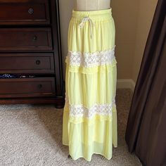 Nwt Long Skirt. Yellow With Gold Dots. Ruffles And Lace. Super Cute And Feminine Size Small Yellow Summer Maxi Skirt With Elastic Waistband, Yellow Long Skirt For Vacation, Casual Yellow Tiered Maxi Skirt, Yellow Vacation Skirt With Elastic Waistband, Yellow Maxi Skirt With Elastic Waistband, Yellow Maxi Skirt For Spring Beach Occasion, Yellow Tiered Maxi Skirt With Lining, Yellow Tiered Maxi Skirt Lined, Yellow Tiered Lined Maxi Skirt