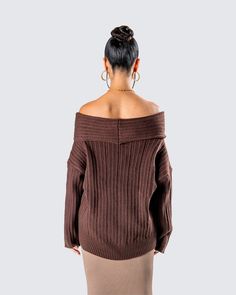 On the days that call for a sweater, nothing beats this brown off-shoulder sweater top 👏 Made from fully fashioned sweater knit with an oversized, relaxed fit - this top will have you the best dressed in the room without even trying 🤎 Oversized Ribbed Brown Top, Oversized Off-shoulder Fall Sweater, Chic Oversized Off-shoulder Sweater, Oversized Brown Winter Top, Cozy Brown Knit Top For Fall, Oversized Brown Soft Knit Tops, Oversized Ribbed Brown Sweater, Oversized Brown Ribbed Sweater, Oversized Off-shoulder Winter Top