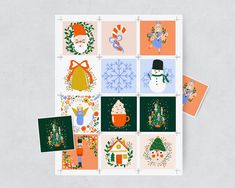 several christmas cards are arranged on top of each other, including one with a snowman