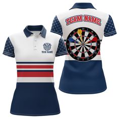 a women's polo shirt with the team name and darts on it