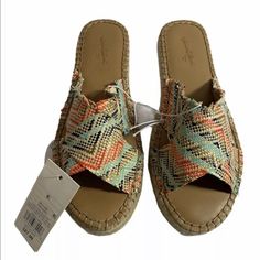 Universal Thread Women’s Woven Slide Sandals Coral Sonya Crossband Multicolor Round Toe Mules For Summer, Multicolor Slip-on Beach Mules, Multicolor Slip-on Mules For Beach, Multicolor Open Toe Mules For Summer, Trendy Multicolor Mules For Summer, Trendy Multicolor Summer Mules, Casual Adjustable Multicolor Wedge Sandals, Casual Multicolor Adjustable Wedge Sandals, Multicolor Flat Mules For Summer