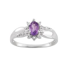 Decorated with an oval-cut genuine amethyst stone and diamond accents in a floral motif, this sterling silver ring makes a delightful accessory.RING DETAILSWidth: 9.73 mmMetal: rhodium-plated sterling silverSTONE DETAILSStone type: genuine amethystShape: ovalSetting: prongDIAMOND DETAILSTotal weight: less than 1/10 ct.Shape: roundColor grade: I-JClarity: I2-I3Setting: prongImage(s) may be enlarged to show detail.Diamond weights are approximate. Diamond total weights may vary between .01 and .08 Jewelry Baddie, Square Halo Ring, Rings Purple, Oval Amethyst Ring, Silver Flower Ring, Handmade Gold Jewellery, Amethyst Jewelry, Sterling Silver Flowers, Engraved Jewelry