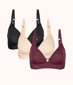 The Spacer Bra Trio: Toasted Almond/Jet Black/Plum | LIVELY Third Love Bras, Bras For Small Breast, Air Bra, Wireless Bras, Black Plum, Best Bras, Comfortable Bras, Toasted Almonds, Racerback Bra