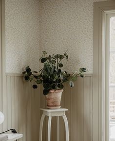 a potted plant sitting on top of a white stool next to a window in a room