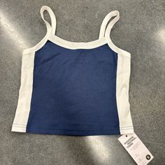 White And Blue Cami With White Piping, 95% Cotton/ 5% Spandex Fitted Navy Tank Top For Spring, Navy Cotton Tank Top For Spring, Fitted Navy Crop Top For Summer, Navy Casual Crop Top For Summer, Casual Blue Cami Crop Top, Navy Casual Fitted Crop Top, Casual Fitted Navy Crop Top, Navy Tank Top For Spring, Trendy Fitted Navy Tops