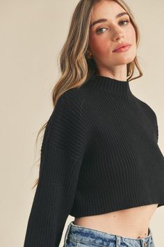 long sleeve ribbed cropped sweater 3 colors Long Sleeve Cropped Top Outfits, Cropped Black Sweater, Sequence Jacket, Black Crop Sweater, Black Sweater Outfit, Sleeve Crop Sweater, Black Cropped Sweater, Mesh Turtleneck, Mulberry Street