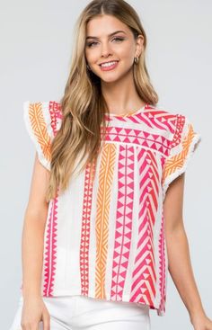 This flutter sleeve knit pattern top in pink, orange and white is so fun! So many ways to style! Pink Knit, Dress Gift, Knit Pattern, Aztec Print, Fun Prints, Top Pattern, Knit Patterns, Pink Orange, Flutter Sleeve