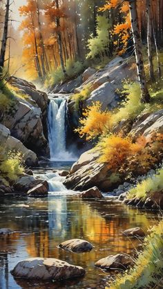 a painting of a waterfall in the woods with rocks and trees around it, surrounded by fall foliage