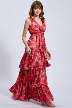 Red Floral Dress Outfit, Tiered Formal Dress, Printed Bridesmaid Dresses, Tiered Prom Dress, Unique Bridesmaid Dresses, Floral Dress Outfits, Sangeet Outfit, Red Floor, Print Chiffon Dress