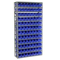 a metal shelving unit with blue bins