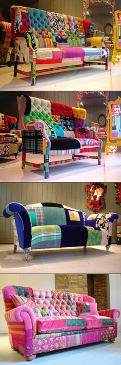 colorful couches are arranged on display in different styles and colors, including pink, blue, green, yellow, orange