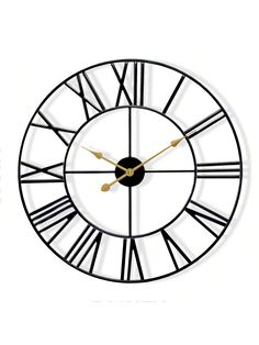 a black and white clock with roman numerals on it's face, against a white background