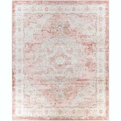 an antique style rug with pink and white colors