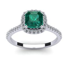 Emerald Ring | May Birthstone | 1 1/2 Carat Cushion Cut Created Emerald and Halo Diamond Ring In 14K White Gold | SuperJeweler Emerald Halo, Engagement Earrings, Black Wedding Rings, Cushion Cut Engagement Ring, Antique Engagement Rings, Halo Diamond Ring, Garnet Rings, Blue Topaz Ring, Blue Gemstones