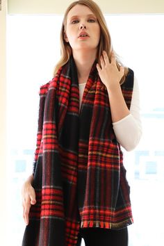 Soft plaid over-sized oblong scarf. APPROX. L 33" W 79" 100% Acrylic Winter Plaid Scarves One Size, Plaid Winter Scarves One Size, Plaid Shawl Scarf For Fall, Fall Plaid Shawl Scarf, Black Scarf, My Way, Plaid Scarf, Black And Red, Cute Outfits