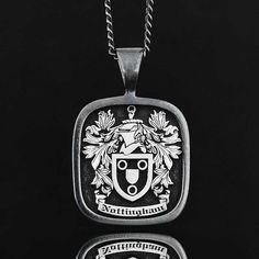 "Coat of Arms Necklace , Family Crest Pendant , Custom Crest jewelry , Family Necklace . * Fully custom necklace, your custom pendant will be designed and tailor-made to your liking with your own customized logo. * Rectangle or oval - Raised or Engraved Logo style and different colors plating and polishing available. * Personalize Necklace face as your wish. Please contact with me and just send photo of design for pendant face or your family logo. ✔️ For bigger or smaller size, longer or shorter Family Logo, Custom Pendant, Logo Style, Family Necklace, Custom Pendants, Emblem Logo, Engraved Logo, Black Rhodium, Family Crest