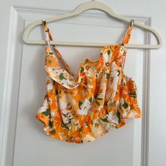 Orange Floral Crop Top From H&M I Believe Never Worn Super Cute Just Too Small For Me Summer Floral Print Crop Top For Brunch, Floral Print Summer Crop Top For Brunch, Summer Floral Print Crop Top For Day Out, Summer Floral Crop Top For Brunch, Floral Print Crop Top For Beach Day Out, Floral Print Crop Top For Beach Season Day Out, H&m Summer Beach Tops, Summer Crop Top With Tropical Print For Spring, Summer Floral Print Crop Top For Beach Season