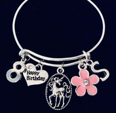 Girls Happy 8th Birthday Charm Bracelet with Pink Flower, Unicorn, and Letter.  Meaningful Charm Bracelet; great gift idea! This can be sent directly to your intended with your personal message included. My bangles are expandable ensuring the perfect fit for every wrist. Each Bangle is made with the Best Quality components to be Durable and Sturdy yet with an Elegant and flowing style. Perfect for collecting and this year's most trendy jewelry accessory! Great individually and super trendy as st Silver Novelty Charm Bracelet For Birthday, Personalized Novelty Charm Bracelet For Birthday, Novelty Personalized Charm Bracelet For Birthday, Cute Silver Charm Bracelet For Birthday, Cute Nickel-free Charm Bracelet For Birthday, Cute Charm Bracelet For Birthday And Valentine's Day, Hypoallergenic Charm Bracelet For Birthday And Valentine's Day, Adjustable Hypoallergenic Charm Bracelet For Birthdays, Adjustable Hypoallergenic Charm Bracelet For Birthday