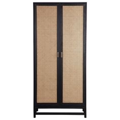 a black and brown cabinet with wicker doors