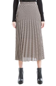 Crisp pleats create texture to a knee-length, midi skirt with decorative prints for an effortlessly chic look. Shell: 100% polyester; lining: 65% polyester, 35% rayon Dry clean Imported Model stats: 5'10" height, 32" bust, 25" waist, 36" hip. Model is wearing size S. Chic Midi-length Pleated Skirt With Elastic Waistband, Chic Midi Length Pleated Skirt With Elastic Waistband, Workwear Midi Length Pleated Skirt With Elastic Waistband, Pleated Midi Skirt With Elastic Waistband For Work, Flowy Midi-length Pleated Skirt With Lining, Workwear Pleated Skirt With Elastic Waistband, Flowy Pleated Skirt With Elastic Waistband For Work, Spring Workwear Pleated Midi Skirt, Chic Midi Length Pleated Skirt