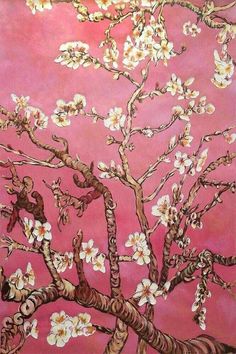 a painting of a tree with white flowers in the branches against a pink sky background