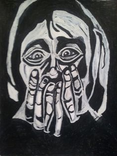 a black and white drawing of a woman covering her face with hands while looking at the viewer