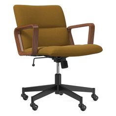 an office chair with wooden arms and casteors on wheels, in brown fabric upholstered against a white background