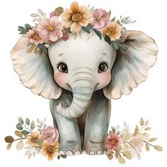 an elephant with flowers on it's head sitting in front of a white background