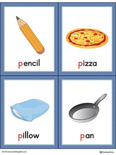 four different pictures with the words in spanish and english, including an eggplant, pizza