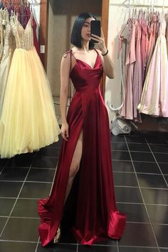 Red A-line Satin Dress For Prom, Red Fitted Satin Dress For Prom, Elegant Red A-line Satin Dress, Banquet Satin Dress, Red Satin V-neck Gown, Red Fitted A-line Satin Dress, Burgundy Satin V-neck Dress, Satin Gown With Spaghetti Straps For Banquet, Red Satin Finish Evening Dress For Prom