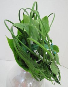 a vase filled with green plants on top of a table