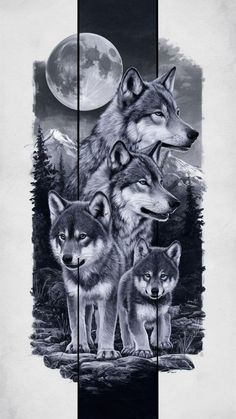 three wolfs standing in front of a full moon