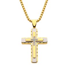 Men's Stainless Steel 18K Gold IP Layered Cross Pendant with Clear CZ Elevate your style with this striking men's cross pendant, expertly crafted from durable stainless steel and finished with a luxurious 18K gold ion plating. The pendant features a layered two tone design that adds depth and dimension, making it a standout piece in any jewelry collection. Adorned with 11 carefully set clear cubic zirconia stones, the pendant sparkles with brilliance, capturing the light and drawing attention wi Luxury White Box Chain Jewelry, White Luxury Necklace With Box Chain, Luxury White Necklace With Gold Chain, Luxury White Jewelry With Gold Chain, White Luxury Box Chain Necklace, Luxury White Box Chain Necklace, White Cross Pendant Necklace With Polished Finish, Formal White Necklace With Box Chain, Tapers And Plugs