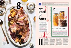 a magazine spread with food and drinks on the table, including an image of roast beef in jars