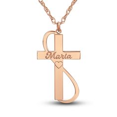 Personalize the perfect gift for a loved one or yourself with this meaningful 28mm high-polish cross pendant necklace. Fashioned in rose gold-plated sterling silver, the adjustable 18-inch rope chain secures in place with a spring ring clasp. The message can be 1 line of text with a maximum of 8 characters per line. Personalized Rose Gold Cross Jewelry, Personalized Rose Gold Cross Pendant Jewelry, Rose Gold Cross Jewelry For Mother's Day, Engraved Rose Gold Cross Jewelry, Rose Gold Crucifix Necklaces For Anniversary, Rose Gold Cross Jewelry For Anniversary, Rose Gold Crucifix Necklaces For Anniversaries, Gift Rose Gold Sterling Silver Cross Necklace, Gift Rose Gold Crucifix Cross Necklace