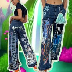 "💥Wide denim jeans with my screen printed, hand-painted and vinyl patches   💥Chunky t-shirt yarn stitched zig zagging down the left leg  💥patchwork piece from old jeans on the right leg 💥Hand beaded motifs with big multi coloured gems in the centre  💥Collage style that starts from the front and goes round to the back of the piece including bubbles, flames and hear 💥Text on the back denim patch reads 'Honey we hit the...' 'JACKPOT' in silver sequins across the bum 💥turquoise detachable seq Blue Graphic Print Jeans For Fall, Fall Graphic Print Blue Jeans, Fall Blue Jeans With Graphic Print, Edgy Spring Graphic Print Jeans, Edgy Graphic Print Jeans For Spring, Edgy Spring Jeans With Graphic Print, Artistic Streetwear Jeans For Spring, Artistic Jeans For Spring Streetwear, Funky Spring Streetwear Bottoms