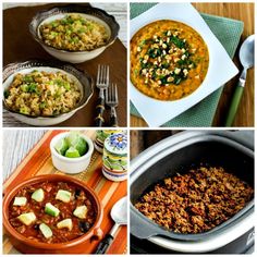 four different pictures of food including soup, rice and vegetables