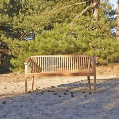 a wooden bench sitting on top of a sandy beach next to pine tree's