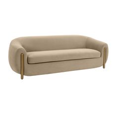 a beige couch with gold legs on a white background and the back is upholstered