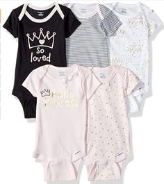 100% Cotton Imported Pull On closure Machine Wash Includes 5 onesies Cotton rib, cotton/rayon rib Variety of colors/patterns One Piece Princess, Newborn Onsies, Cute Onesies, Girls Attire, Gerber Baby, Matching Swimwear, Newborn Outfit, Princess Crown