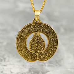 Crafted for the discerning Muslim woman, the Diwani Ayatul Kursi Necklace is a true masterpiece of Islamic jewelry. Made from high-quality 925 sterling silver and elegantly plated with 18K gold, this pendant is a blend of sophistication and faith. The intricate design featuring the Ayatul Kursi from the Quran adds a spiritual touch to any outfit. Whether worn as a daily reminder of faith or as a special gift, this necklace embodies both style and devotion. Elevate your jewelry collection with th Amulet Style Engraved Necklace For Anniversary, Engraved Amulet Necklace For Anniversary, Ceremonial Pendant Necklace With Polished Finish, Ceremonial Polished Pendant Necklaces, Ceremonial Polished Pendant Necklace, Amulet Necklace With Polished Finish For Anniversary, Traditional Pendant Necklace With Polished Finish, Traditional Round Necklace With Polished Finish, Spiritual Polished Wedding Necklaces