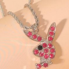 Bunny Necklace New Without Tags Trendy Alloy Charm Necklace For Party, Trendy Silver Alloy Charm Necklaces, Trendy Silver Alloy Charm Necklace, Pink Clavicle Chain Necklace In Alloy, Silver Rhinestone Necklace With Alloy Chain, Elegant Pink Alloy Necklace, Party Charm Necklace With Silver Chain, Pink Alloy Party Necklace, Pink Alloy Necklace For Party